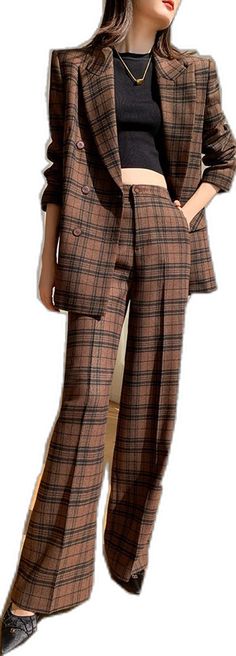 Vivian Seven Brown Fall Pantsuit For Office, Tailored Brown Pantsuit For Fall, Blazer And Wide Leg Pants, Confident Woman, Plaid Blazer, White Blazer, Height And Weight, Leg Pants, Polyester Spandex