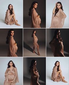 a series of photos showing the different poses of a woman with long hair and wearing a shawl