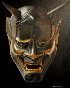 a painting of an evil mask with horns