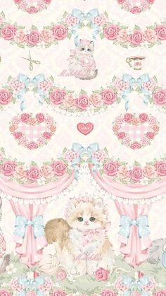 a wallpaper with pink roses and cats on it