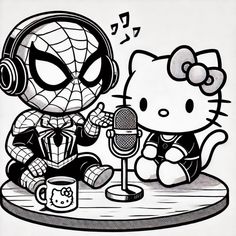 an image of a hello kitty and spiderman on the radio with coffee mugs