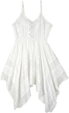 This intricately embroidered white sleeveless dress evokes vintage boho glamour. Made from panels of textured rayon with delicate lace trims, the corset-style top features adjustable straps and lacing to customize the fit. #tlb #Embroidered #bohemianfashion #fairylongdress #purpledress #renaissancedress Summer Lace Corset Dress With Lace Patchwork, Summer Lace Patchwork Corset Dress, Spring Lace Corset Dress With Patchwork, White Lace Corset Dress For Summer, Sleeveless Lace Corset Dress With Lace Trim, White Dress With Lace-up Back And Spaghetti Straps, White Beach Dress With Corset Back, Spring Sleeveless Corset Dress With Lace Patchwork, White Lace Patchwork Dress With Spaghetti Straps