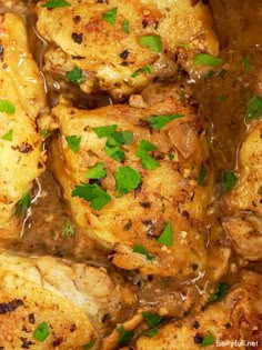 chicken with gravy and parsley in a pan