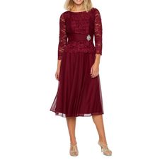 New With Tags Msrp $120 Jackie Jon New York 3/4 Sleeve Midi Party Dress In Burgundy Stock Photos For Reference Only Lace Sleeves, Jewel Neckline, Hidden Back Zipper, Metallic Lace, Fit And Flare Silhouette, Midi Length, Sweetheart Shape Chest Lining, 3/4 Sleeve Length, Stretch Fabric. Color Is More Of A Purple Burgundy Size 4 Approximate Flat Lay Manual Measurements Bust 17" Waist 14" Hips 17.5" Length 45.5" Mother Of The Bride Half Sleeve Dresses For Spring, Fitted Cocktail Dress 3/4 Length, Fitted Cocktail Dress With 3/4 Length, Fitted Cocktail Dress, 3/4 Length, Formal Lace Dress With 3/4 Sleeve, Elegant Formal Lace Dress With 3/4 Sleeves, Elegant Lace Dress With 3/4 Sleeves For Formal Occasions, Elegant Party Dress With 3/4 Length, Elegant 3/4 Length Party Dresses