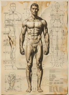 a drawing of a man's body and muscles in front of a sheet of paper