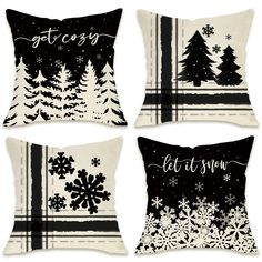 four black and white christmas pillows with snowflakes on the front, one is saying eat snow