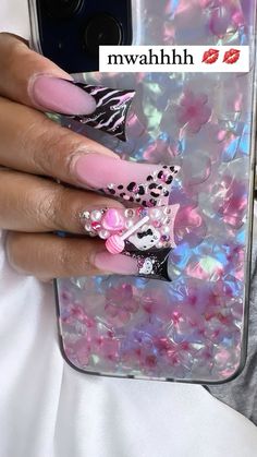 Nail Inspo Duck Nails, Duck Nails Flower, Black And Pink Duck Nails, Duck Nails With 3d Flowers, Duck Nails Colorful, Duckies Nails Y2k, Weak Nails, Acrylic Nail Set, Hard Nails