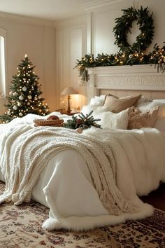 a white bed topped with pillows and blankets next to a christmas tree covered in lights