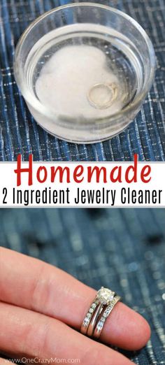 someone is holding their wedding ring with the words homemade 2 ingredient jewelry cleaner on it