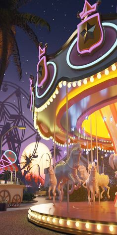 an amusement park at night with carousels and horses