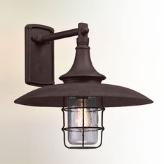 an outdoor wall light with a clear glass shade