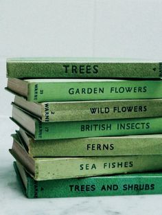 a stack of green books sitting on top of a white marble counter next to each other