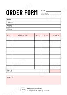 an order form is shown in pink and black, with the word order written on it