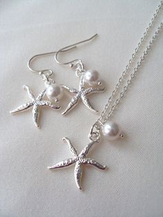 Bridal Jewelry set Silver Starfish and by TreasuredAdornment Elegant Silver Starfish Jewelry, Elegant Starfish Charm Jewelry For Gifts, Elegant Starfish Charm Jewelry As Gift, Elegant Starfish Charm Jewelry Gift, Elegant Starfish-shaped Pearl Charm Jewelry, Elegant Sterling Silver Jewelry With Starfish Charm, Elegant Nickel-free Starfish Jewelry, Elegant Starfish-shaped Nickel-free Jewelry, Elegant Starfish Charm Jewelry For Anniversary