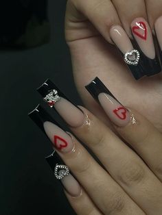 Black Hello Kitty Nails Acrylic, Nails Acrylic Hello Kitty Long, Red And Black Acrylic Nails Designs Ideas, Valentine’s Day Black Nails, Red And Black Hello Kitty Nails, Valentine Hello Kitty Nails, Red Hello Kitty Nails Acrylic, Black V Day Nails, Red A D Black Nails