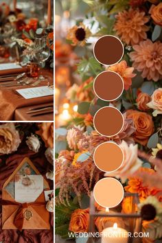 the wedding table is decorated with orange flowers and gold place settings, along with an assortment of candles