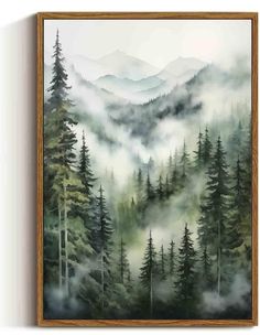 a painting with trees and fog in the mountains