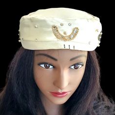 1940s era embellished pillbox hat in ivory satin Decorated with faux pearls, rhinestones, sequins, butterflies Stiff canvas crown Might be homemade No label Good condition - slight smudging on top Nice alternative bride veil options or great costume! Be a fortune teller for Halloween!! 21.5" inside circumference 3" crown height 8" width Check out our other great hats and ask for a bundle discount! Item is cross listed on multiple sites with lots of viewers. Grab it now if you want it! Colors var Veil Options, Vintage Friends, Bride Veil, Alternative Bride, Pillbox Hat, Sustainable Shopping, Fortune Teller, Pill Boxes, San Pedro