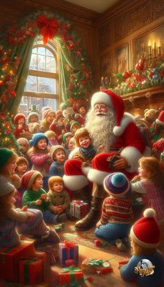 a painting of santa claus sitting in front of a large group of children with presents