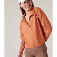 Athleta Retroterry Polo Sweatshirt Women's Size Large Cotton Polyester Spandex Sunbaked Clay Orange Orange Relaxed Fit Sporty Sweatshirt, Casual Orange Tops For Loungewear, Orange Athleisure Tops For Sports, Orange Sporty Tops For Sports, Sporty Orange Tops For Sports, Casual Workout Tops In Orange, Casual Workout Orange Tops, Casual Orange Workout Tops, Athleisure Tops For Leisure