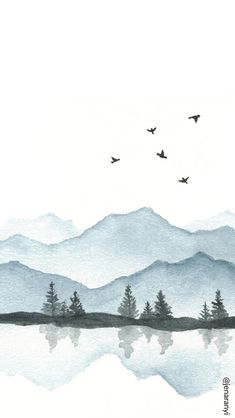 watercolor painting of birds flying over mountains and lake with pine trees in foreground