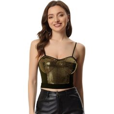 Make a shimmering statement in this stunning spaghetti strap, sleeveless, sequined crop cami top. Adorned with dazzling sequins and delicate straps, this top catches the light from every angle. Perfect for any party, this top can be paired with sleek black leather bottoms, figure-hugging denim, or high-waisted shorts to create a look that's both stylish and unforgettable. Trendy Strapped Party Tops, Trendy Party Tops With Straps, Trendy Crop Top For Party Season, Trendy Halloween Party Tops, Fitted Crop Top For Concert, Strappy Crop Top For Spring Party, Spring Party Crop Top With Straps, Spring Crop Top With Straps For Party, Trendy Halloween Party Crop Top