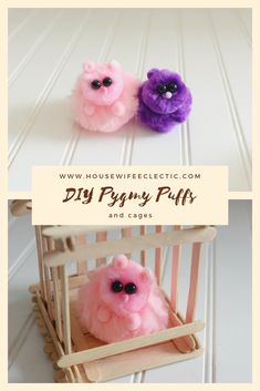 two small pink and purple pom poms sitting on top of a wooden chair