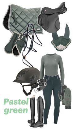 an equestrian outfit with boots, gloves and riding gear for horses is shown in this image