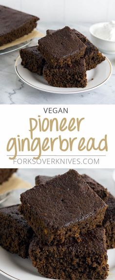 vegan gingerbread brownies are stacked on top of each other, with the title above it