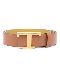 caramel brown/avocado green leather smooth grain T Timeless logo-buckle detail logo-engraved gold-tone hardware reversible punched holes pointed tip adjustable fit Timeless Logo, Belt Brown, Reversible Belt, Caramel Brown, Leather Cap, Avocado Green, Boot Pumps, Sneaker Heels, New T