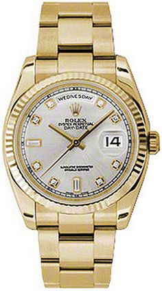 118238 | M118238-0163 ROLEX DAY-DATE MEN'S OR WOMEN'S LUXURY WATCH Store Display Model (What's This?) - Free Overnight Shipping - With Manufacturer Serial Numbers - Swiss Made - Silver Dial Set with Diamonds - 10 Diamonds Set on Dial - Solid 18k Yellow Gold Fluted Bezel - Day and Date Features - Self-winding Automatic Chronometer Movement - 6 Year Warranty - Guaranteed Authentic - Certificate of Authenticity - Manufacturer Box & Manual - Solid 18k Yellow Gold Case & Oyster Bracelet - Scratch Resistant Sapphire Crystal - 100 Meters / 330 Feet Waterproof - 36mm = 1 1/3" Case, 6.5" Adjustable Bracelet - Deployment Buckle - Screw Down Crown & Caseback - Free Bracelet Sizing     Also Known As Model # 118238-SLVDFO Rolex Men, Womens Watches Luxury, Rolex Oyster Perpetual, Free Bracelet, Luxury Products, Rolex Oyster, Rolex Day Date, Oyster Perpetual, Gold Case