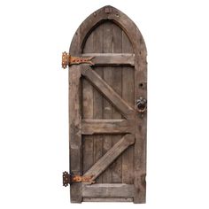 an old wooden door with two rusty latches