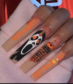 Extravagant Halloween Nails, Dramatic Halloween Nails, Halloween Nails Xl, Exotic Halloween Nails, Long Square Halloween Nails, Orange Halloween Nails Short, Over The Top Nail Designs, Cartoon Halloween Nails, Orange And Black Halloween Nails