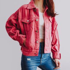 Classic denim jacket with side pockets in juicy fruity colors. Cut button holes open with scissors. S: 20.5" across shoulders, 35" chest, 19.5" length M: 21" across shoulders, 36.5" chest, 20" length L: 21.5" across shoulders, 38" chest, 20.5" length Trendy Summer Outerwear With Buttoned Pockets, Casual Pink Outerwear For Everyday, Pink Button-up Denim Jacket, Pink Denim Jacket With Pockets, Pink Outerwear With Buttoned Pockets For Spring, Summer Denim Jacket For Everyday, Pink Washed Outerwear For Spring, Pink Summer Denim Jacket With Pockets, Summer Pink Denim Jacket With Pockets