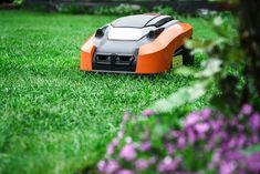 an orange and black lawn mower sitting in the middle of green grass with purple flowers behind it