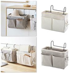 three different pictures of hanging storage bags on the side of a wall with hooks and pockets