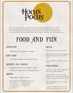 a menu for food and fun is shown in black and white with gold trimmings