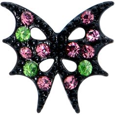 16 Gauge 1/4 Pink Green Gem Black Bat Wings Halloween Cartilage Tragus Even a creature of the night needs a touch of style like on this 16 gauge tragus stud! It's made with a 6mm black PVD over 316L surgical grade stainless steel straight barbell with a 4mm ball end. It features a bat wing charm, with strikingly angular lines. The wing is paved with pink and green gems and can be worn in multiple piercings including tragus, helix, and some conch piercings. If you want to have a truly haunting lo Black Piercings For Halloween Gift, Black Fantasy Jewelry For Costume Party, Fantasy Black Jewelry For Costume Party, Creature Of The Night, Conch Piercings, Tragus Stud, Multiple Piercings, Green Gem, Bat Wing