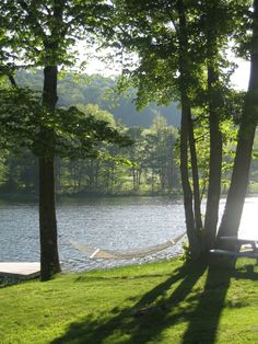 a hammock hanging between two trees next to a body of water