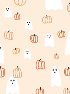 an orange and white halloween pattern with ghost, pumpkins and ghost faces on it