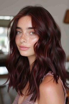 Woman with wavy auburn hair and freckles, wearing a pink top, looking at the camera. Balayage Brown To Red, Burgundy Brown Balayage, Dark Red Hair Makeup, Makeup For Burgundy Hair, Brown Hair Red Undertones, Cherry Brown Highlights, Red Hair With Balayage, Red Undertone Hair, Balayage Burgundy