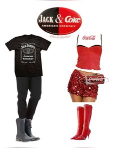 a woman wearing red and black clothing next to a coca cola sign with the words jack & coke on it