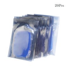 six packs of blue and white plastic bags with zippers on each side, one is empty