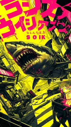 an image of a poster with a shark in the middle and neon colors on it