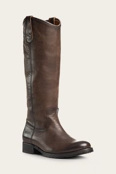 The Melissa equestrian-inspired tall boots are made from hard-wearing leather design. Contoured through the ankle for support and the most flattering shape, they have a modernized topline with newly updated Frye signature button details at the pull tabs providing a tailored look. Slight heel with lug soles Shoes For Every Outfit, White Thistle, Equestrian Style Boots, Lightweight Sweaters, The Frye Company, Brown Riding Boots, Emilia Wickstead, Winter Capsule, Tall Boot