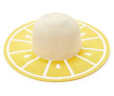 Enjoy fun in the sun with this chic sun hat that features a yellow lemon design. It's the perfect accessory for the beach, pool or water park. Summer Sun Hat With Uv Protection For Pool, Fun Spring Hats With Uv Protection, Summer Sun Hats For Beach Season, Trendy Hats With Uv Protection For Beach Season, Trendy Uv Protection Hat For Beach Season, Summer Sun Hat For Sunbathing, Summer Sun Straw Hat, Summer Hats With Uv Protection For Sunbathing, Trendy Brimmed Sunbathing Hat