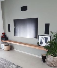 a flat screen tv mounted to the side of a wall next to a potted plant