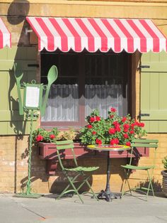 two green chairs and a table with red flowers in front of a storefront window