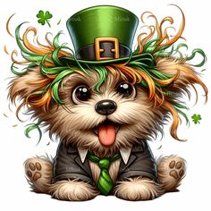 a dog wearing a green hat and tie with shamrock leaves on it's head