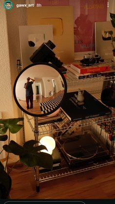 a mirror that is sitting on top of a shelf next to a potted plant